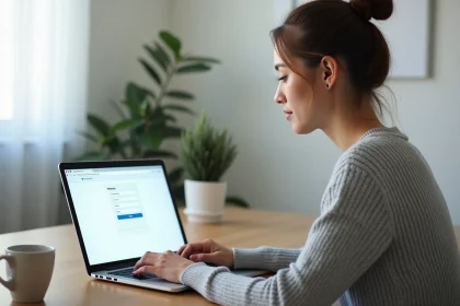 Femme consultant son espace personnel RH en ligne depuis son bureau à domicile après avoir quitté son entreprise