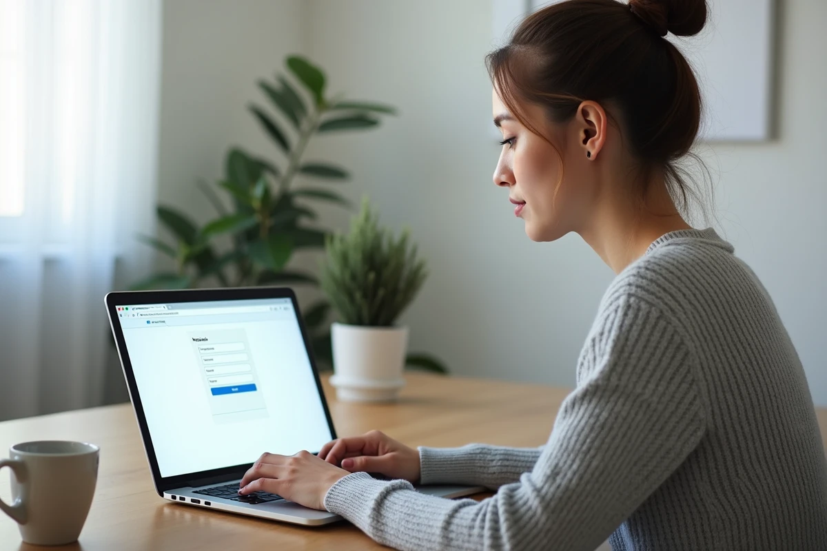 Femme consultant son espace personnel RH en ligne depuis son bureau à domicile après avoir quitté son entreprise