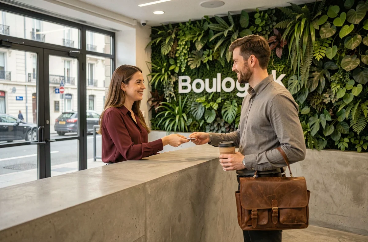 Accueil d'un espace de coworking à Boulogne-Billancourt avec une hôtesse remettant un badge à un nouveau membre