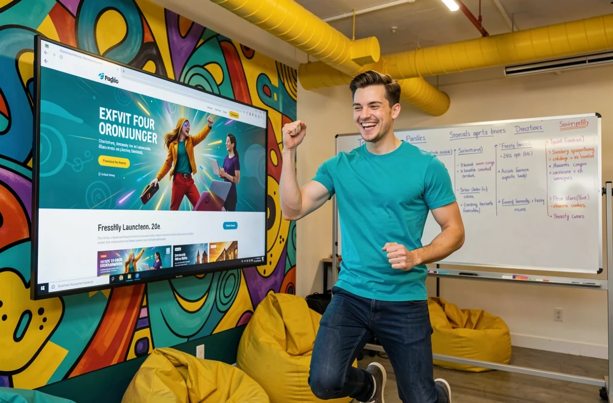 Développeur de l'agence Catapulpe célébrant le lancement réussi d'un site web dynamique