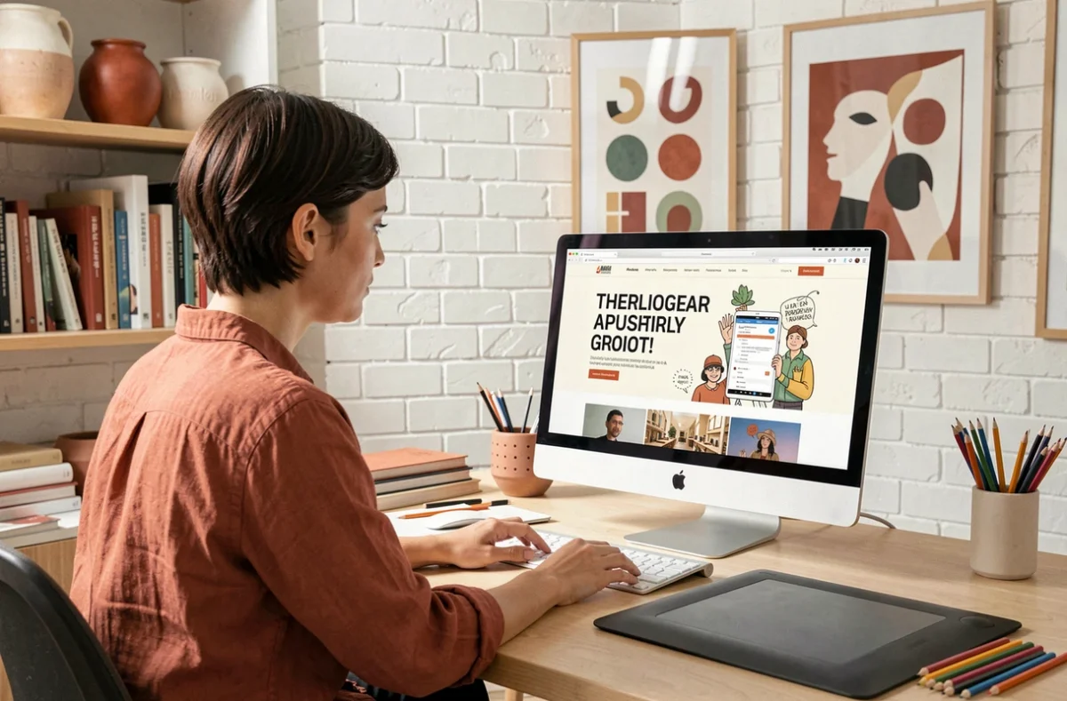Designer graphique de l'agence Dovdesign créant un site web avec illustrations et typographie originale