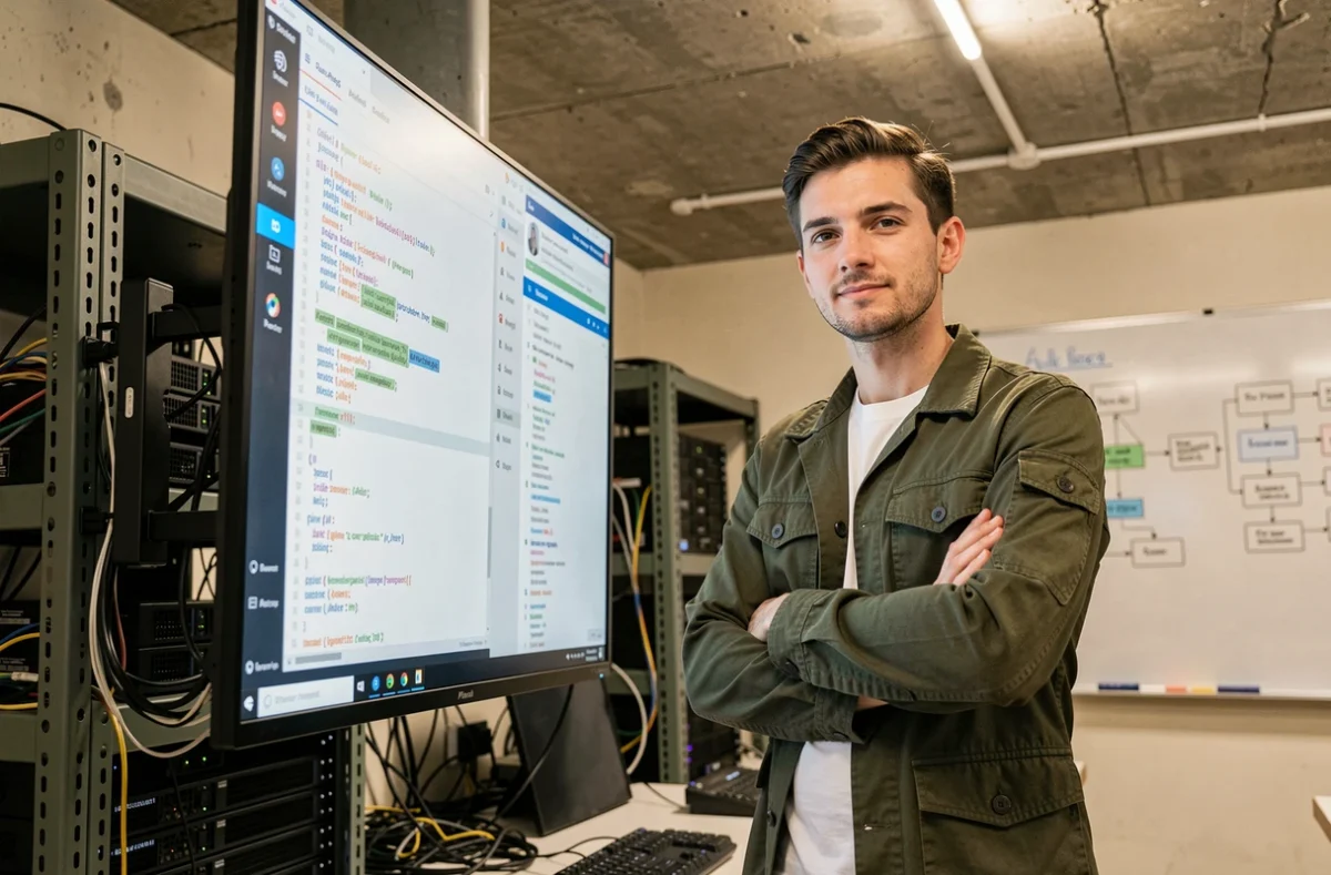 Développeur full-stack de l'agence Exo-Web devant une application web complexe et son architecture technique