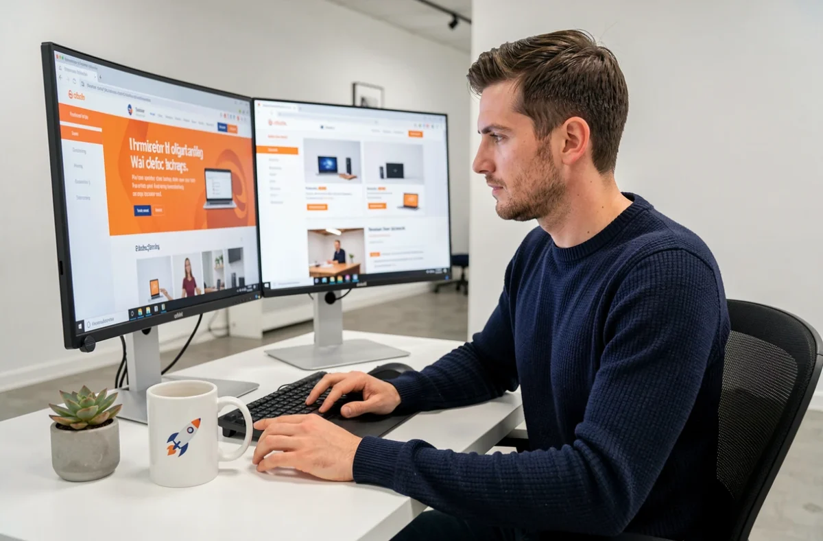 Développeur web de l'agence Ikuzo travaillant sur une interface de site e-commerce moderne