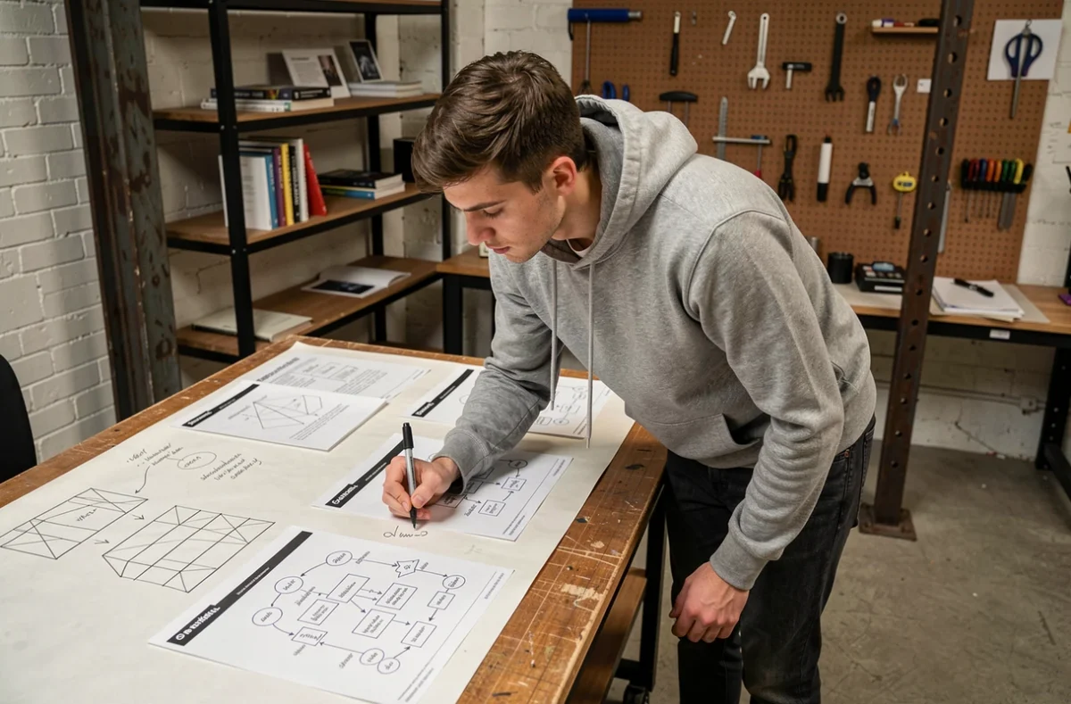 Designer UX de l'agence Koredge en train de concevoir des wireframes et parcours utilisateurs