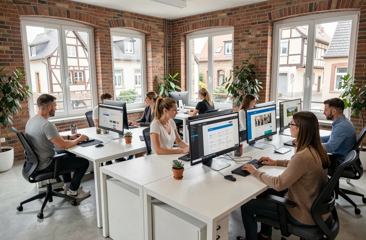 Bureau d'agence digitale moderne dans le Haut-Rhin avec des professionnels travaillant sur des créations de sites internet