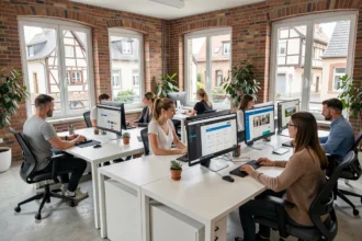 Bureau d'agence digitale moderne dans le Haut-Rhin avec des professionnels travaillant sur des créations de sites internet