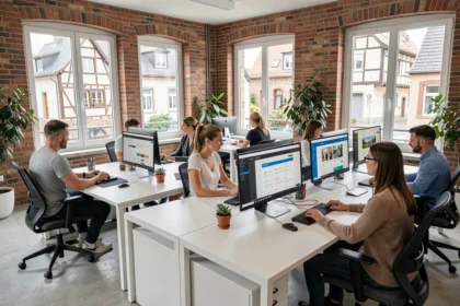 Bureau d'agence digitale moderne dans le Haut-Rhin avec des professionnels travaillant sur des créations de sites internet