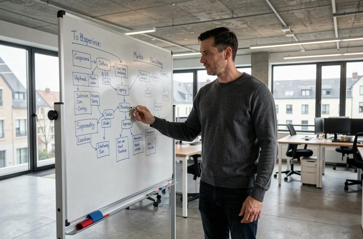 Stratège digital d'Alsace Innovation à Mulhouse devant un tableau de stratégie numérique