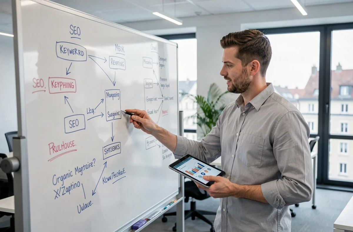 Spécialiste en marketing digital de l'agence Alsace Innovation à Mulhouse présentant une stratégie SEO et marketing numérique devant un tableau blanc couvert de diagrammes dans un bureau moderne