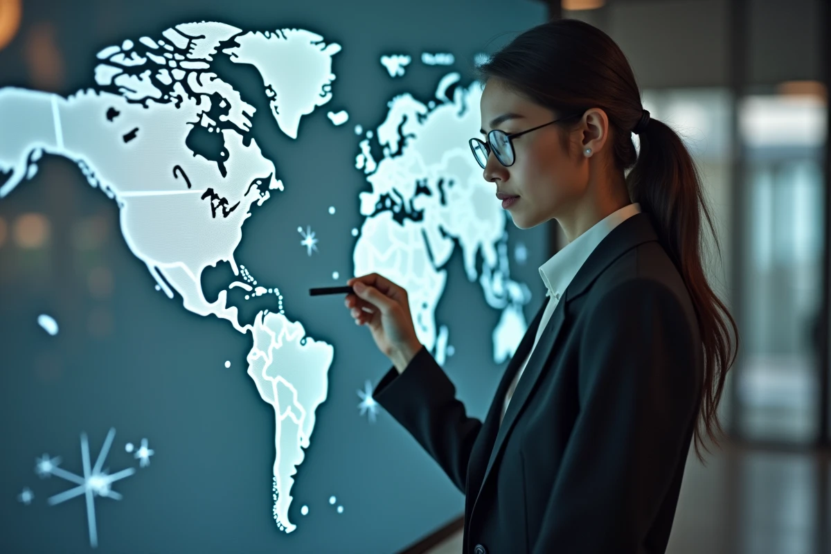 Jeune analyste pointant la carte EMEA dans un lobby moderne