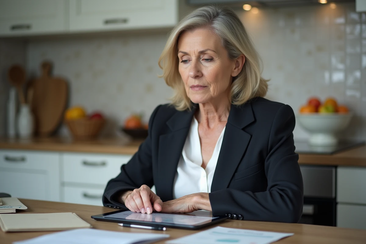 Femme retraitée ou ancienne salariée consultant ses documents RH et bulletins de paie sur tablette depuis chez elle