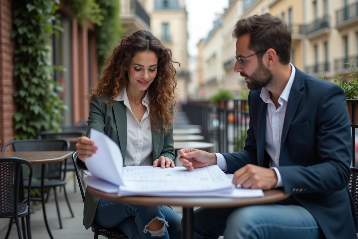 Architecte et collègue discutant de plans sur une terrasse parisienne