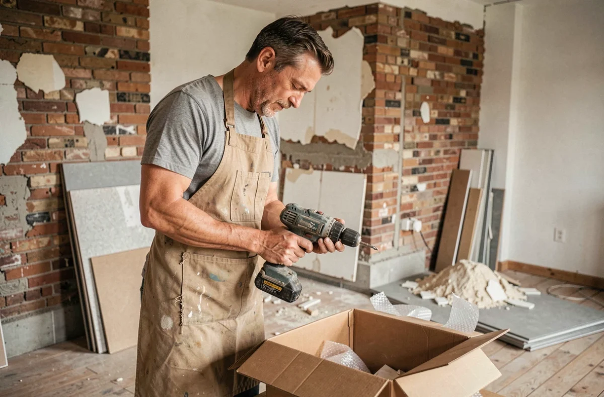 Artisan en tablier examinant une perceuse d'occasion sur un chantier de rénovation avec murs en briques apparentes