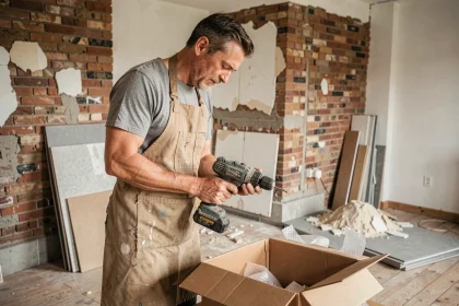 Artisan en tablier examinant une perceuse d'occasion sur un chantier de rénovation avec murs en briques apparentes