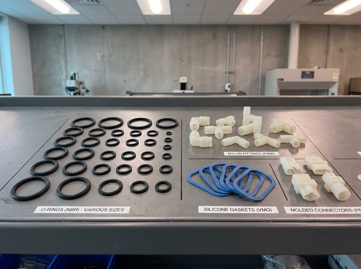 Assortiment de pièces industrielles en caoutchouc et en plastique disposées sur un établi de contrôle qualité