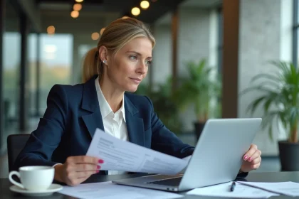 Femme dirigeante d'entreprise analysant son contrat d'assurance professionnelle Loop en 2026 dans un bureau moderne