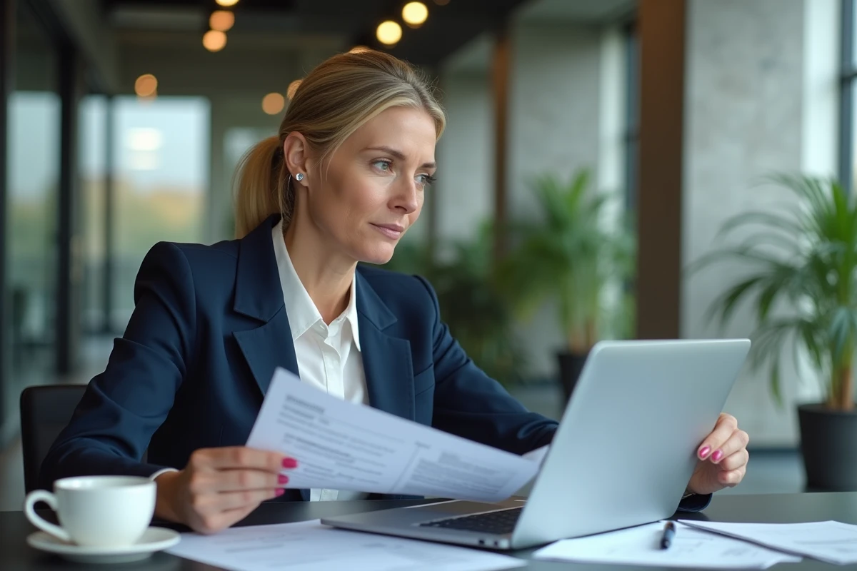 Femme dirigeante d'entreprise analysant son contrat d'assurance professionnelle Loop en 2026 dans un bureau moderne
