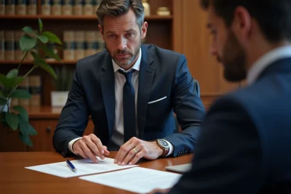 Avocat expliquant les clauses d'un contrat de cautionnement LACAMO à son client dans un bureau juridique