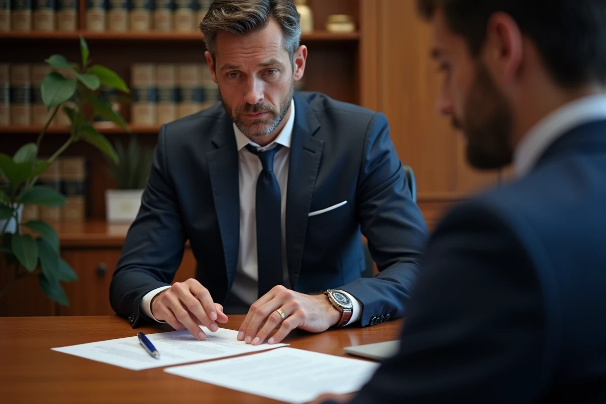 Avocat expliquant les clauses d'un contrat de cautionnement LACAMO à son client dans un bureau juridique