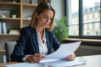 Avocate analysant des documents juridiques dans un bureau moderne pour sécuriser les décisions légales d'une entreprise