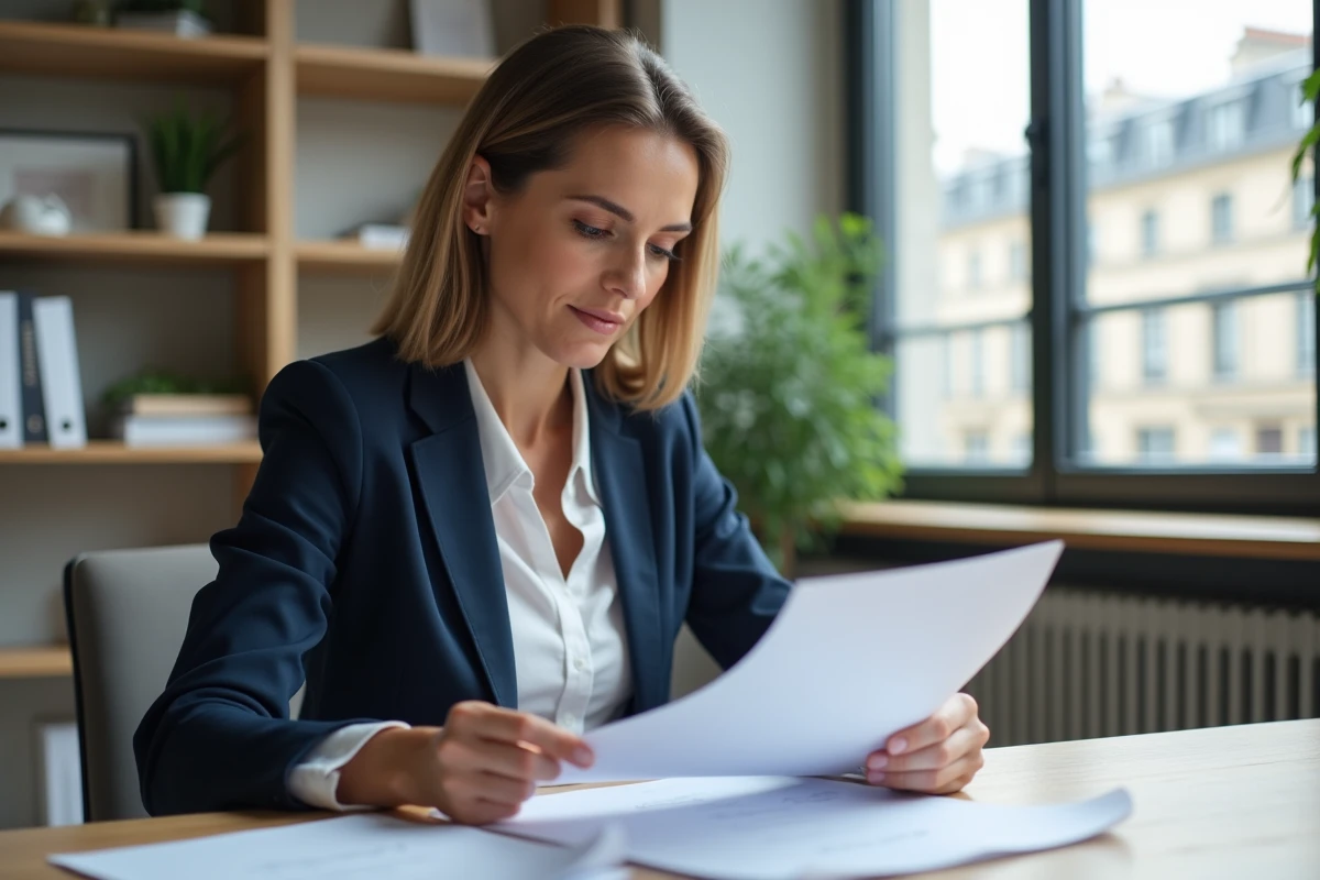 Avocate analysant des documents juridiques dans un bureau moderne pour sécuriser les décisions légales d'une entreprise