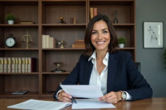 Femme avocate en costume signant un document dans un bureau