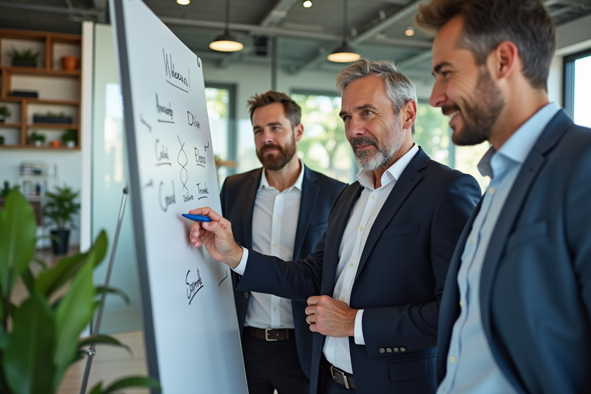 Groupe de professionnels en brainstorming dans un espace moderne