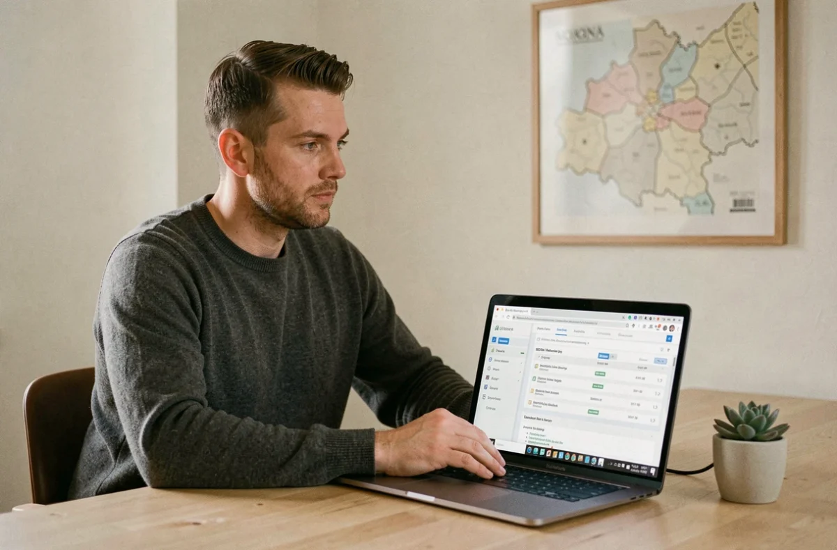 Consultant SEO indépendant de B.RAUX STUDIO à Bar-le-Duc en Lorraine réalisant un audit SEO on-page et analysant un profil de backlinks sur son ordinateur portable dans un studio minimaliste