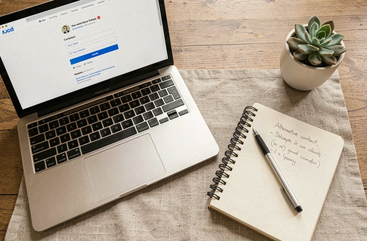 Bureau avec ordinateur affichant une page de contact sans réponse et un carnet de notes alternatif