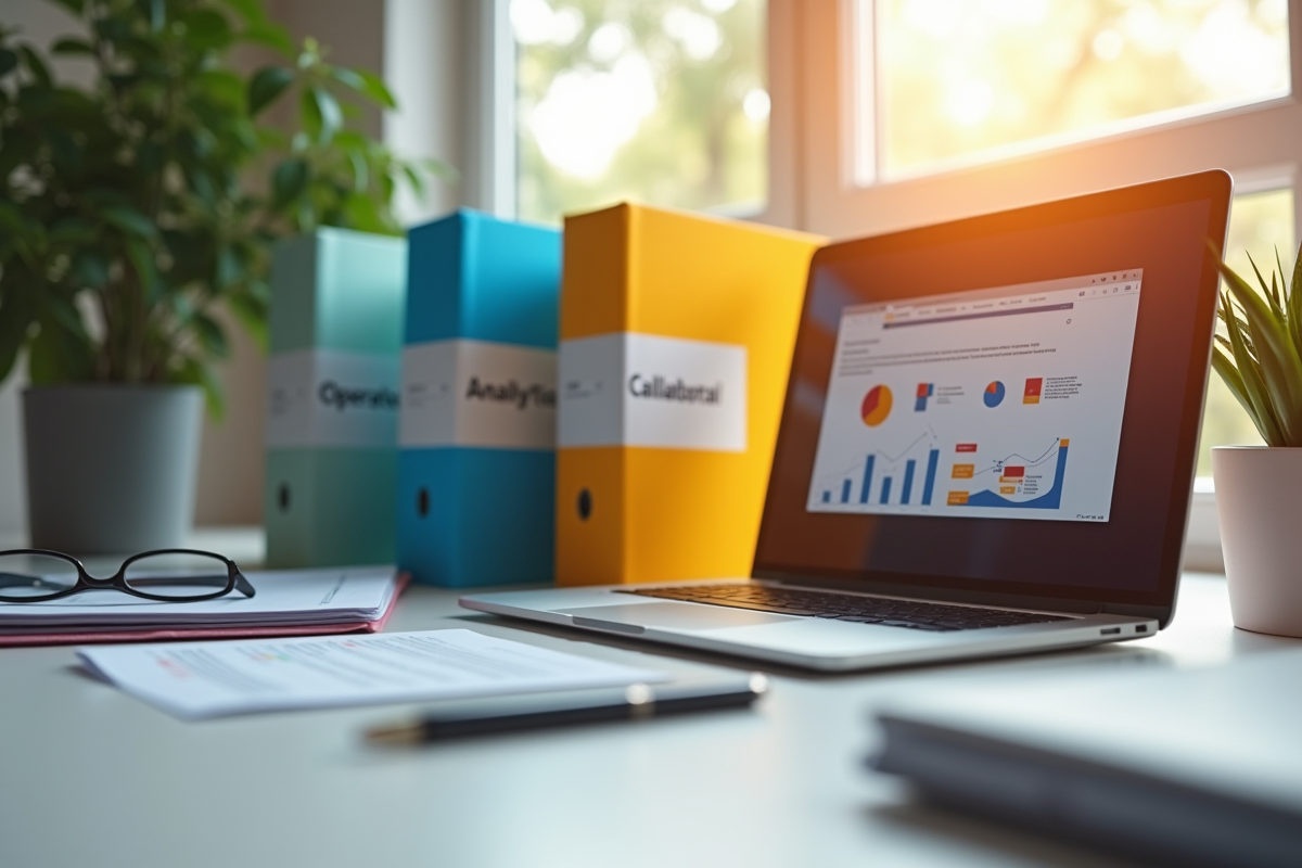 Bureau avec dossiers colorés et ordinateur affichant CRM