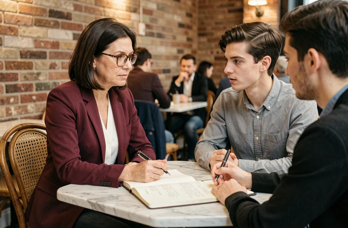 Investisseuse business angel en séance de mentorat avec de jeunes fondateurs de start-up dans un café parisien élégant