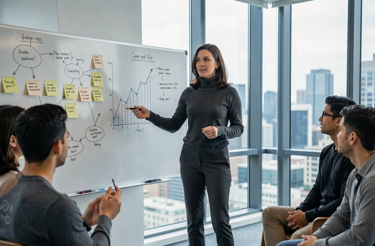 Business angel féminine présentant une stratégie de croissance à des entrepreneurs dans un accélérateur de start-up avec vue urbaine