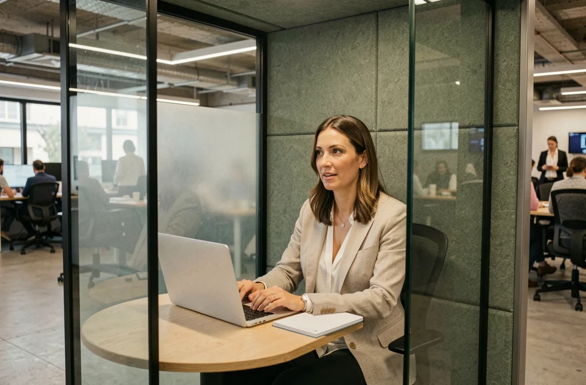 Femme en réunion visio dans une cabine phonique vitrée d'un espace de coworking à Boulogne-Billancourt