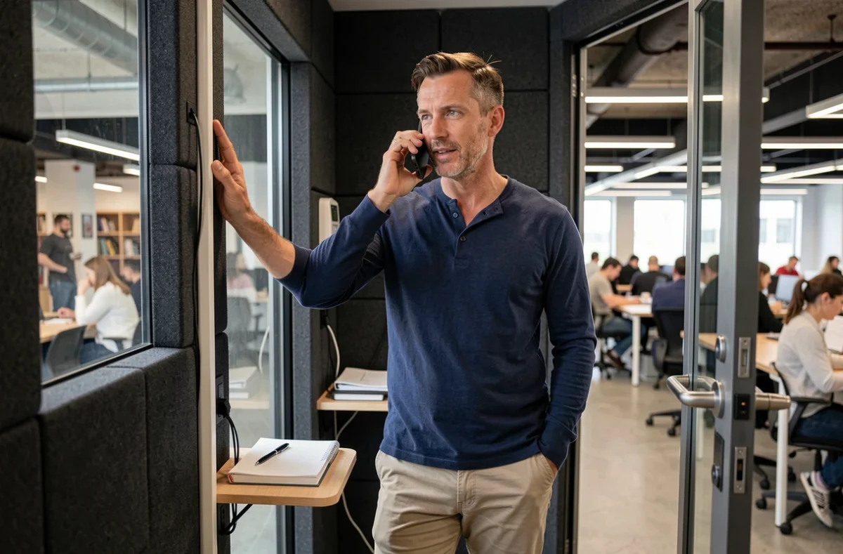 Professionnel en appel téléphonique dans une cabine acoustique privative d'un espace de coworking à Meylan