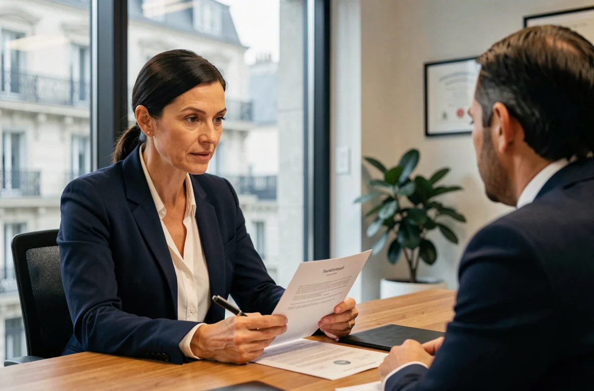 Consultante en recrutement menant un entretien professionnel dans un cabinet de recrutement parisien moderne