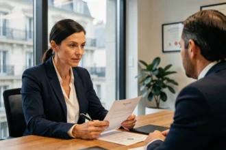 Consultante en recrutement menant un entretien professionnel dans un cabinet de recrutement parisien moderne