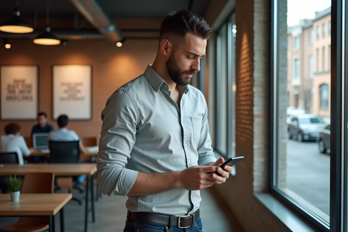 Homme parcourant les offres d'emploi Gozmap sur son smartphone dans un espace de coworking