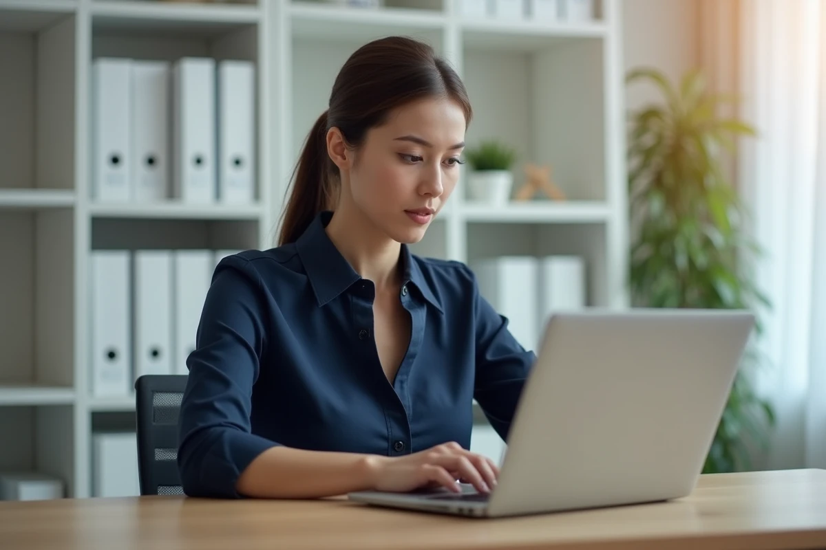 Jeune femme consultant une offre d'emploi sur Gozmap depuis son bureau à domicile