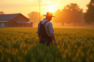 Fermeur inspectant un champ de blé au lever du soleil