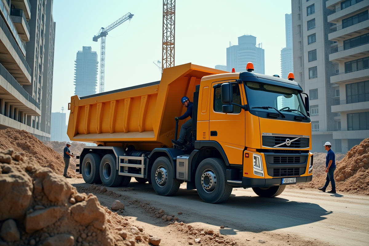 Chantier urbain dynamique avec camion ampliroll en action
