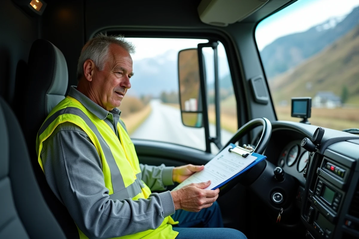 Chauffeur de camion en cabine consultant des documents administratifs avec une route alpine suisse en arrière-plan