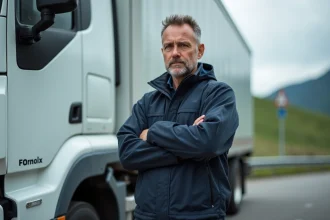 Chauffeur poids lourd suisse en veste de travail debout devant sa semi-remorque blanche sur une aire d'autoroute