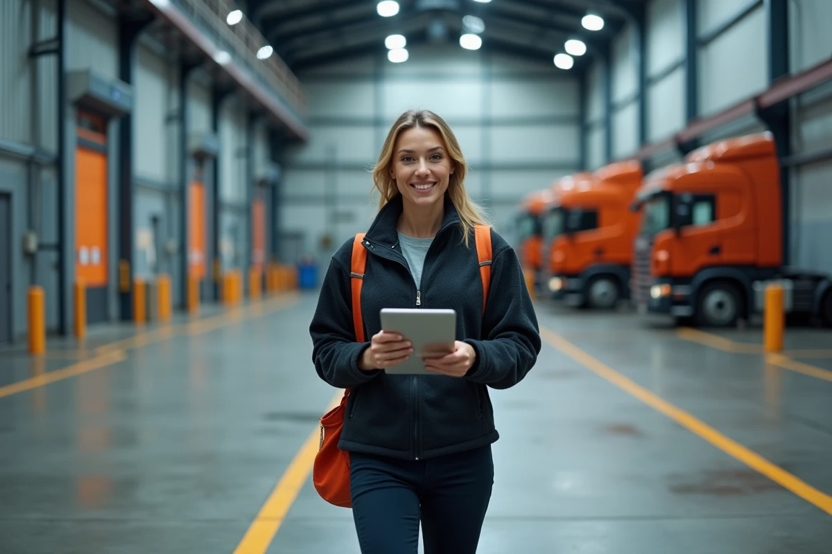 Chauffeuse de camion traversant un quai de chargement d'un entrepôt logistique suisse avec une tablette numérique