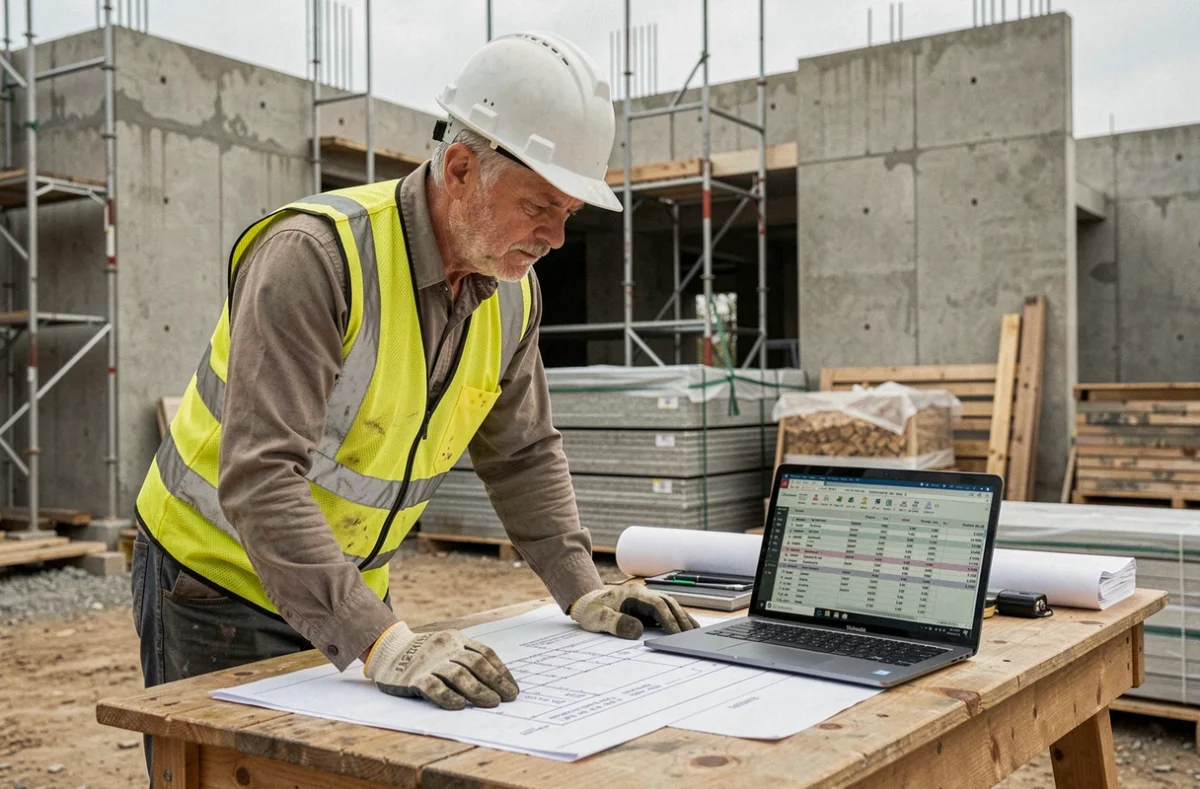 Chef de chantier analysant des devis de construction sur un ordinateur portable posé sur une table de chantier avec des plans imprimés