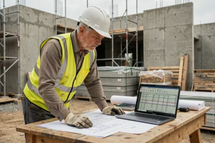 Chef de chantier analysant des devis de construction sur un ordinateur portable posé sur une table de chantier avec des plans imprimés