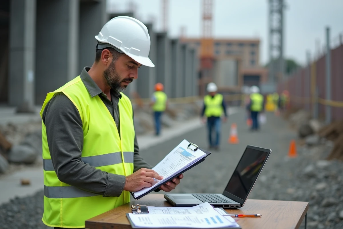 Chef de chantier analysant les coûts et la rentabilité sur ordinateur portable au pied d'un chantier BTP