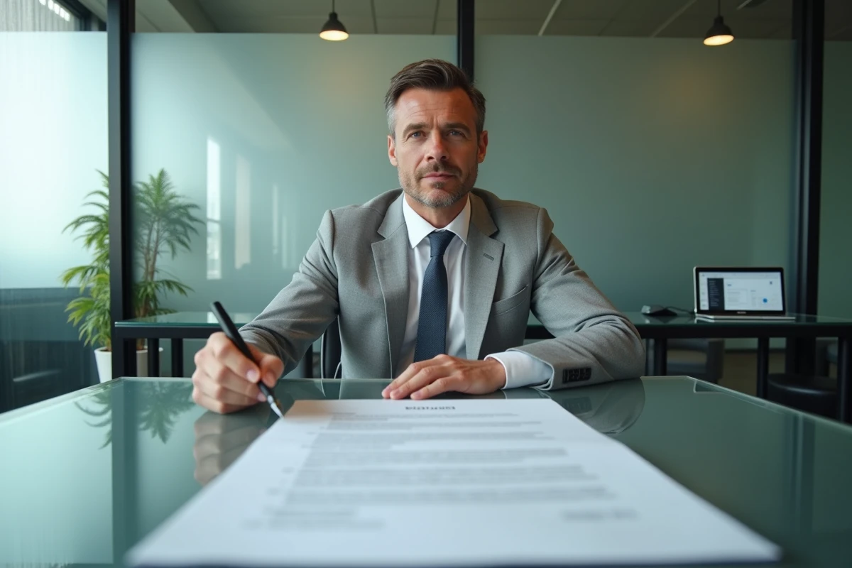 Chef d'entreprise signant un contrat juridique sécurisé lors d'une réunion professionnelle en salle de conférence