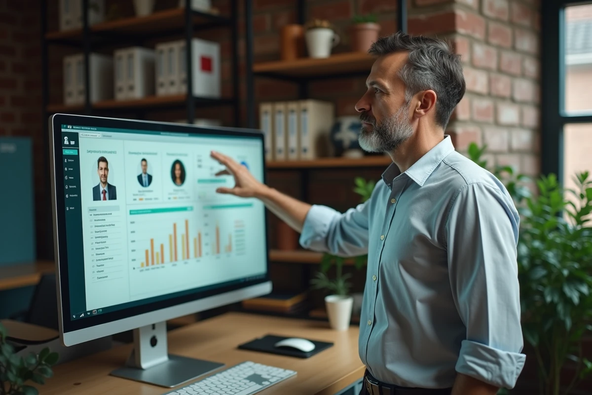 Chef d'entreprise consultant un tableau de bord de gestion des employés sur un grand écran de bureau