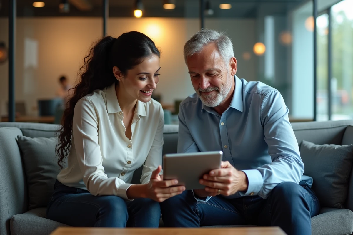 Deux collaborateurs Inetum consultant ensemble le guide d'accès rapide à l'intranet sur une tablette