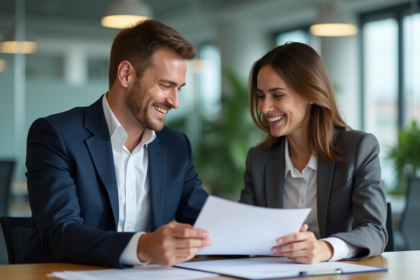 Homme d'âge moyen et jeune femme souriant au bureau